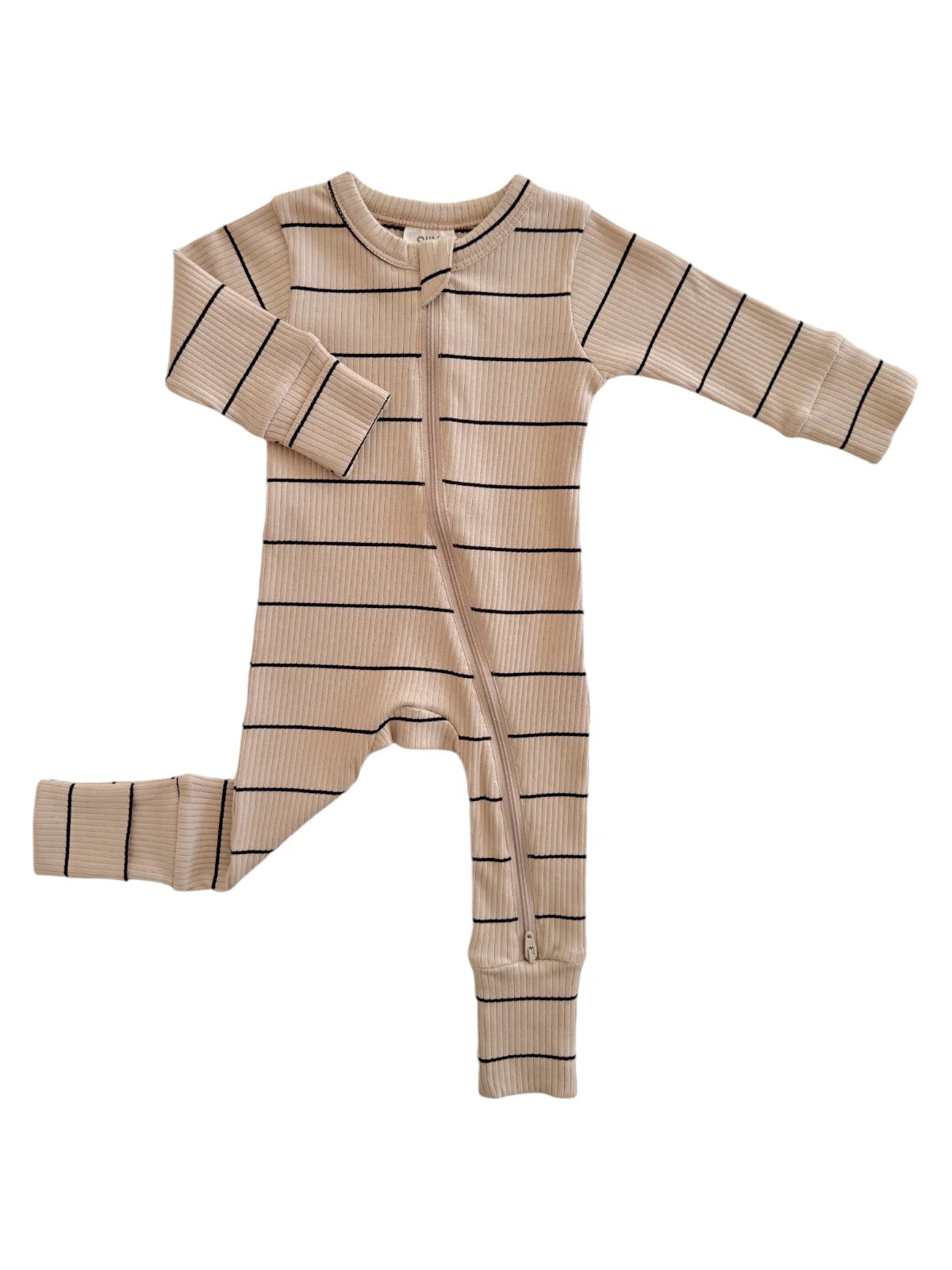 Tan/Black Stripe Organic Ribbed Zip Romper