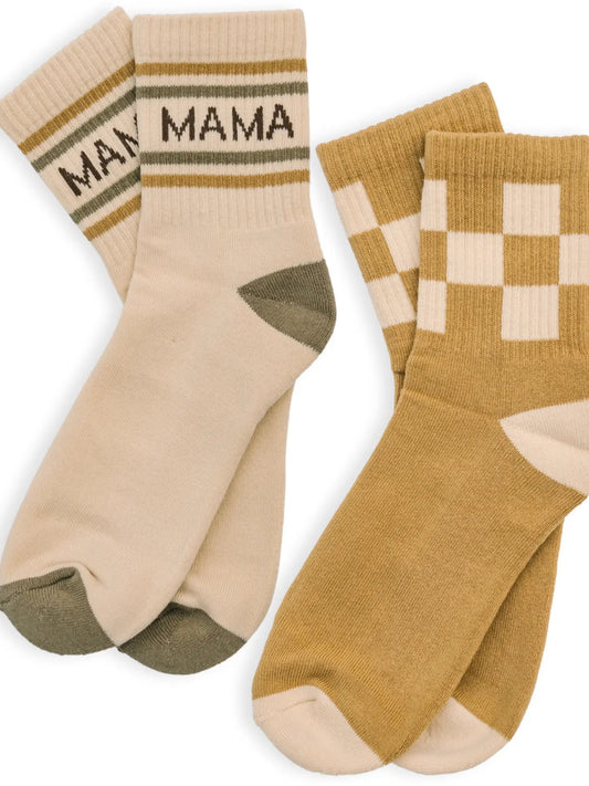 Womens Half-Crew Socks 2-Pack, Checkered & Mama Stripe