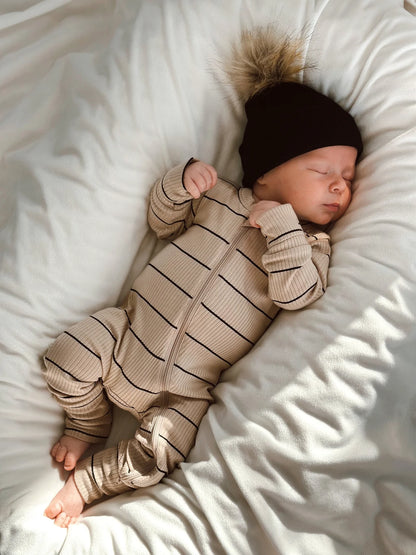 Tan/Black Stripe Organic Ribbed Zip Romper