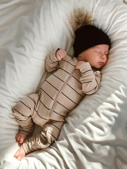 Tan/Black Stripe Organic Ribbed Zip Romper